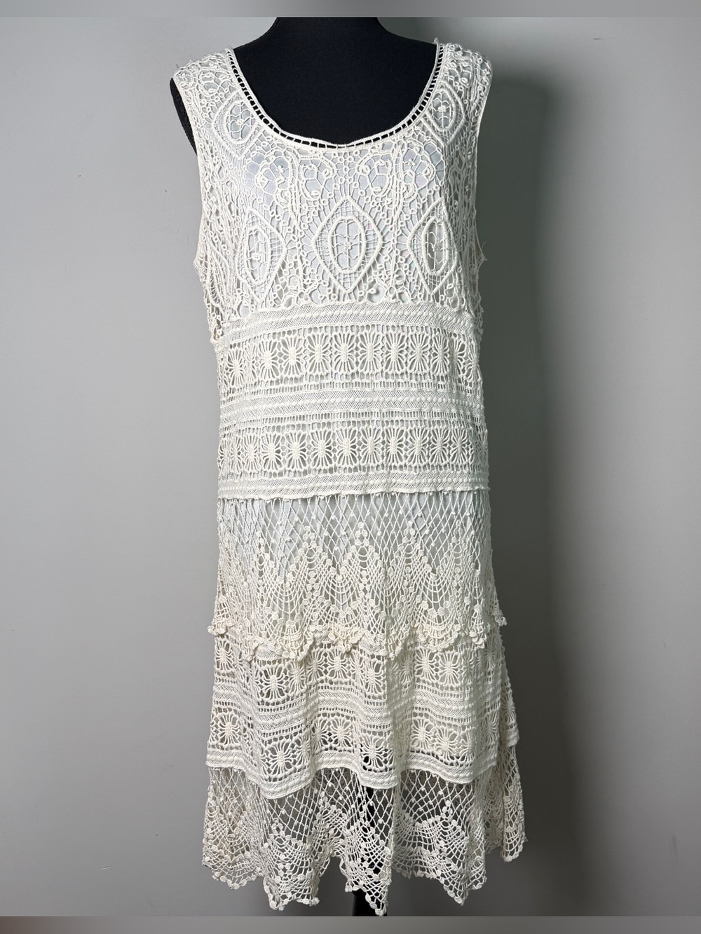 J Gee Ivory Cotton Crochet Tiered Dress Scallop Hem Boho Garden Party Vintage XL